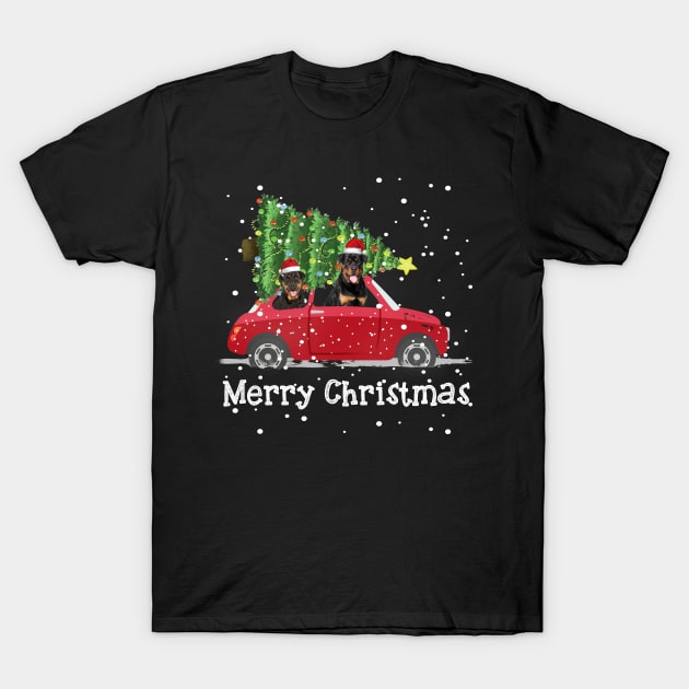 Rottweiler Red Car Truck Christmas Tree Funny Santa Xmas Merry Christmas T-Shirt by nakos